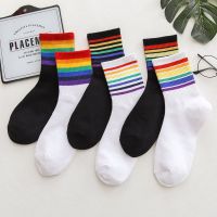 Instime Unisex Stripes Mid Men Socks Harajuku Colorful Funny Socks Men 100 Cotton 1 Pair Kawaii Rainbow Color Size 35 42