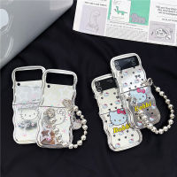 เคสนิ่มเคลือบคลื่นสำหรับ Samsung Galaxy Z Flip 5 4 3 TPU Catoon ฝาครอบป้องกันแมวพร้อมโซ่และจี้