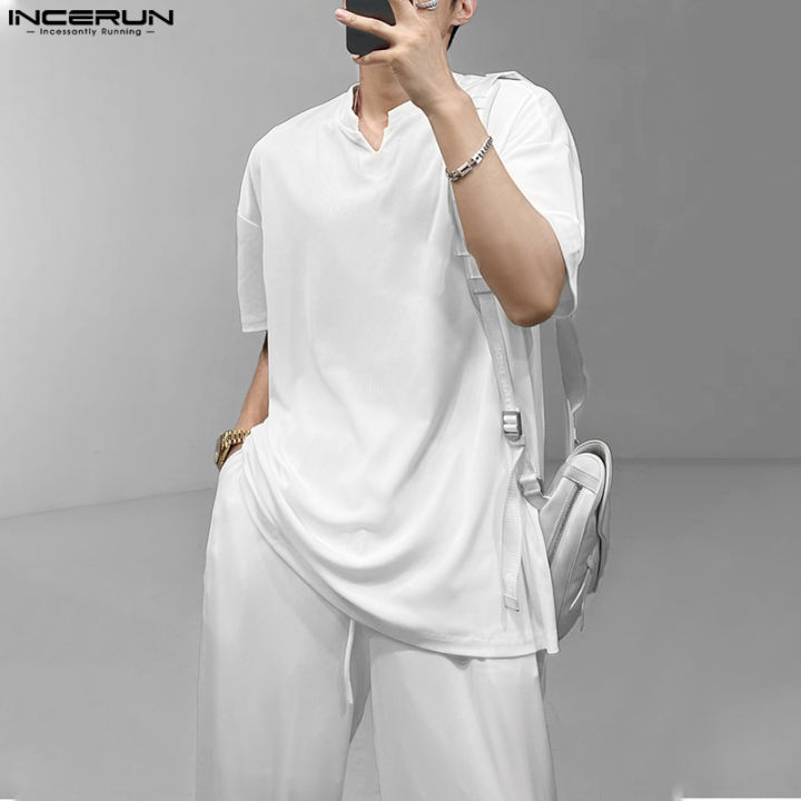incerun-เสื้อยืดแขนสั้นทรงหลวมลำลองสำหรับผู้ชาย-ชุดแฟชั่นสไตล์เกาหลีสำหรับเล่นโยคะ