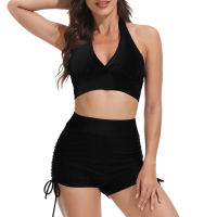 2022 Plus Size Swimwear S-XXL Two-Piece Suit Solid Black Swimsuit Women Slim Strap And er Shorts zilian Style Beachwear