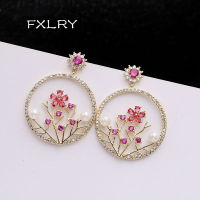 FXLRY Luxury White Gold colorCubic Zirconia Flower Large Round Pendant Vintage Dangle Earrings Women Party Gift Jewelry