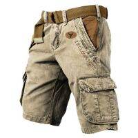 Vintage Yellowstone Print Cargo Shorts Men Summer Multi-Pocket Tactical Shorts For Men