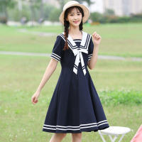 ZGB740 2021ฤดูร้อนใหม่สไตล์มหาลัย Sailor เสื้อแขนสั้นมีปกชุดเกาหลีสไตล์หลวม Slimming Midi ชุดสำหรับหญิงนักเรียน