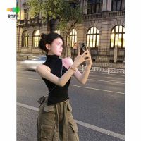 High collar with backless knitwear vest sleeveless sweater slim-fit hot girl lace-up short top summer Black V728