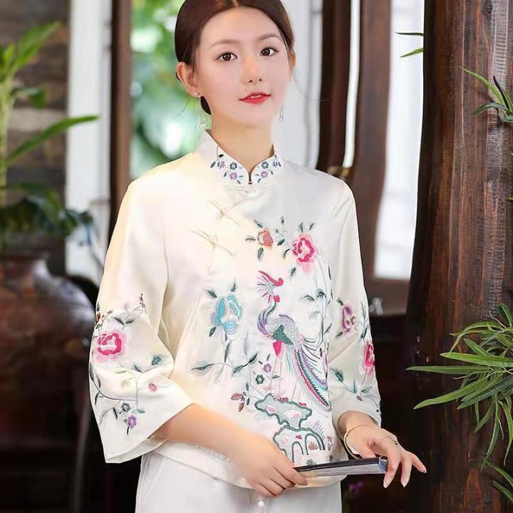 เสื้อกี่เพ้าจีนโบราณสำหรับผู้หญิง-เสื้อเบลาส์ปักลายเสื้อกี่เพ้าวินเทจสไตล์ตะวันออกสำหรับฤดูใบไม้ร่วงปี2022