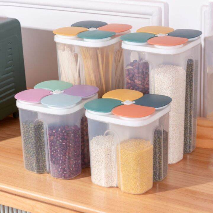 Kitchen Grain Storage Box Food Storage Containers Rice Dispenser 4 Grid Storage Tank Sealed