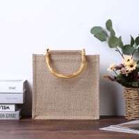 Women Linen Tote Bags with Bamboo Handle Handbag Reusable for Crafts Grocery Shopping Gift Packaging Supplies