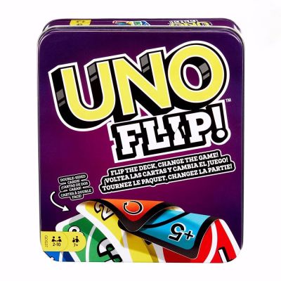 เกม Mattel UNO: พลิก! (กล่องดีบุก) เกมไพ่สำหรับครอบครัวโป๊กเกอร์ตลกเกมเล่นหลายคนสนุก Kids Toys การ์ด