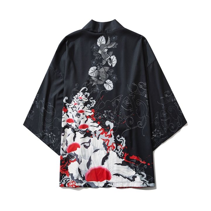 yukata-ผู้ชายผู้หญิงญี่ปุ่นเสื้อคาร์ดิแกน-kimono-ดำ1คนเสื้อผ้าญี่ปุ่นแบบดั้งเดิมโค้ทพิมพ์ลายคลื่นญี่ปุ่นฮาโอริคลื่นญี่ปุ่น