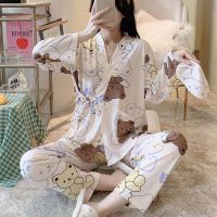 COD SDFERTGRTYTYUYU 【READY STOCK】Lactation Pajamas Kimono Pyjamas Womens Long Sleeved Pantsuit Loose Homewear Suit Spring Baju Tidur Kain