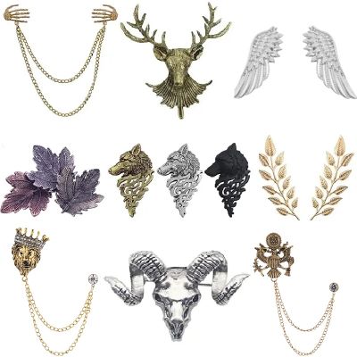 Vintage Angel Wings Deer Wolf Cat Brooch for Women Multiple Layers Chain Crown Skull Head Brooches Shirt Collar Pins Brooches