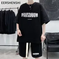 EERSHENSHI เสื้อยืดชุดสูทลำลองสำหรับผู้ชายชุดแขนสั้นพิมพ์ลายและกางเกงขาสั้นเรียบง่ายแบบญี่ปุ่น