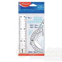 ชุดเรขาคณิต 4P Maped พลาสติกใส ตัวเลขชัดเจนอ่านง่าย 1ชุด มี 4ชิ้น ไม้โปรเทคเตอร์ ไม้สามเหลี่ยม ไม้บรรทัด ไม้ฉาก