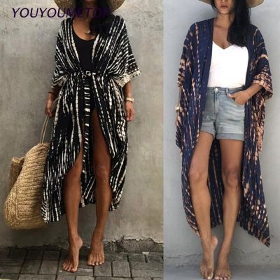 YOUYO Women Summer Swimsuit Bikini Cover Up 3/4 Sleeves Tie-Dye Striped Printed Open Front Kimono Cardigan Belted Waist Maxi Long Blouse Beachwear