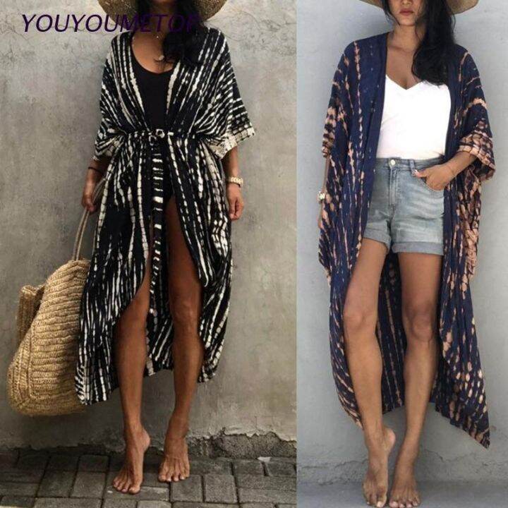 youyo-women-summer-swimsuit-bikini-cover-up-3-4-sleeves-tie-dye-striped-printed-open-front-kimono-cardigan-belted-waist-maxi-long-blouse-beachwear