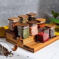 【CC】 4Pcs Acacia Wood Cover Seasoning Jar Transparent Glass Bottles Storage Spice Restaurant Cans