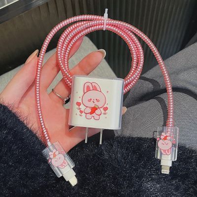 Cute Cartoon Bear Pink Heart for Data Cable Protective Case Cord Winder Set 18W/20W US Adapter Charger Wire Cover Organizer Bite
