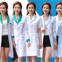 2023ผู้หญิง Lab Coat แฟชั่นชุดแพทย์เสื้อแจ็คเก็ตยาวด้านข้างเข็มขัดแขนสั้นแขนยาว Workwear Pharmacy White Coat