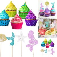 hang qiao shop 24 Pcs Mermaid Theme Glitter Cupcake Topper Cake Picks Decoration for Baby Shower Birthday Party Favors Food Picks