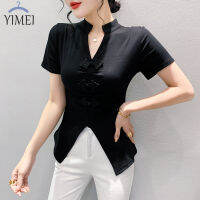 YIMEI เสื้อคอวีติดกระดุมสำหรับผู้หญิง,เสื้อยืดสีดำสำหรับ2023ฤดูร้อนใหม่เสื้อยืดผ้าฝ้ายอเนกประสงค์ MODE Korea ไม่สม่ำเสมอ