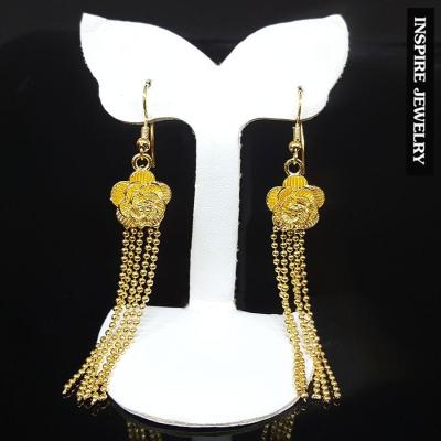 Inspire Jewelry ,ต่างหูทอง รูปดอกไม้ แบบตุ้งติ้ง  งานร้านทอง ปราณีต หุ้มทองแท้ 24K ขนาด 1.5 x 6 CM สวยหรู พร้อมถุงกำมะหยี่