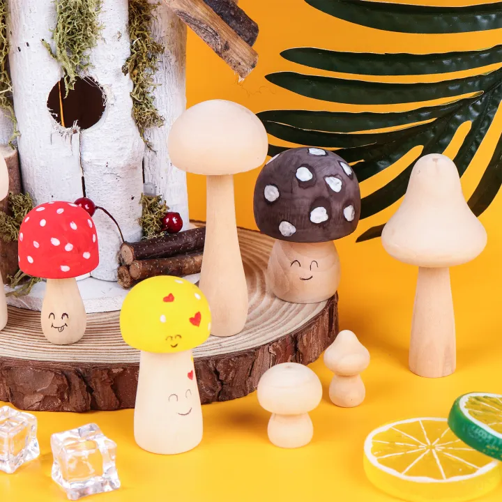 9 Pcs Wooden Mushroom Set Natural Unfinished Mushrooms Unpainted Wood