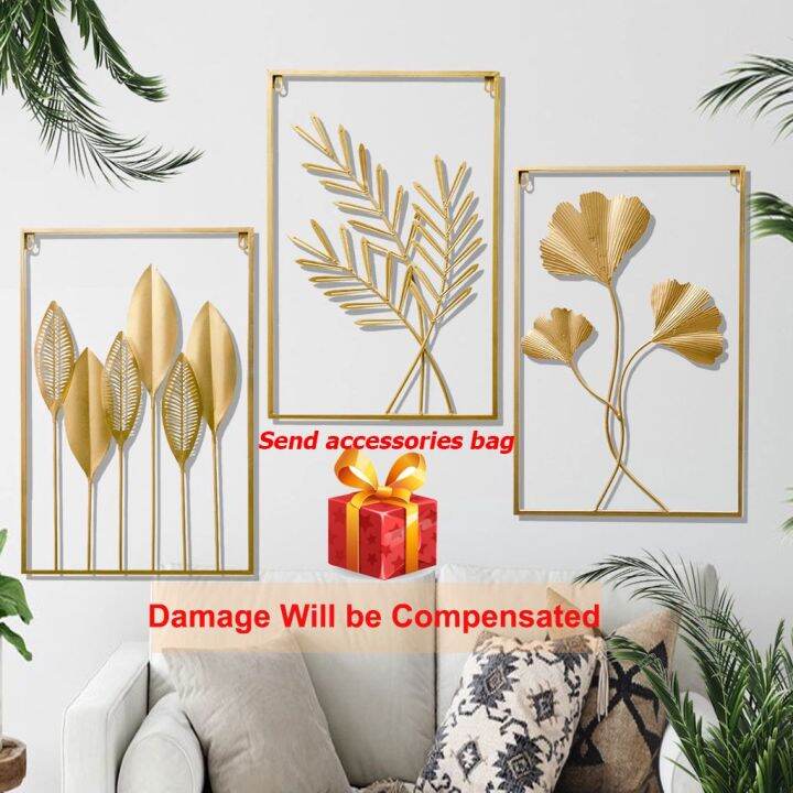 In Stock Metal Wall Decor with Square Frame Send Screws Leaf Art Gold