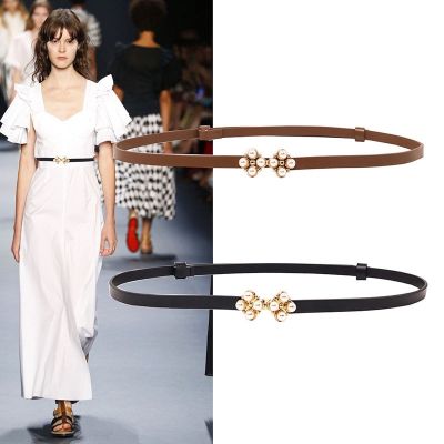 Adjustable Cowhide Belt Women Fashion Genuine Leather With Suit Dress Decorative Narrow-Waist Pearl Small