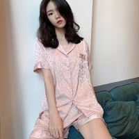 【jw】❒  2 Piece Set Short Sleeve for Woman Silk Fashion Sleepwear Pink Leopard Print Pajama