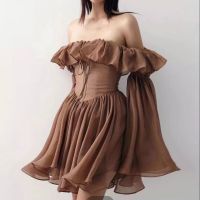 P007-009 PIMNADACLOSET - Off Shoulder Bell Sleeve Corset Mini Dress in Brown