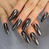 Mirror Effect Nail Black Coffin Nail Metallic Long Dark Curved Fake Nail Tips Adult Artificial Ballerina Nails