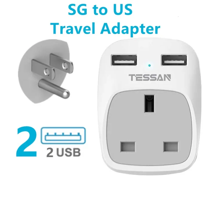 SG to US Travel Plug Adapter with 2 USB Ports Grounded America Travel Adapter 3 in 1 Power