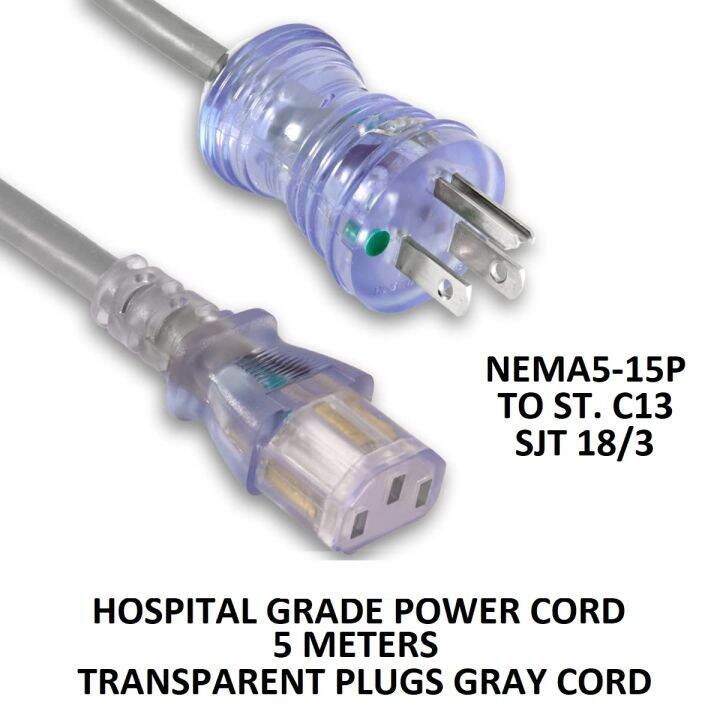 Hospital Grade Power Cord NEMA5 15P TO C13 AWG 18 5 Meters Green Dot