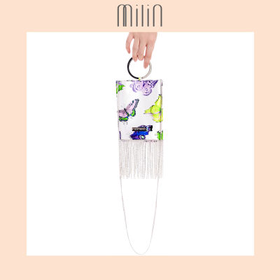 [MILIN] Crystal drop fringe and Metal hoop rings  Polyester handle bag กระเป๋าถือห่วงทรงกลมพิมพ์ลายแต่งเส้นคริสตัล Dazzling Bag