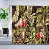 Tropical Plants Flamingo Shower Curtain Jungle Palm Trees Green Leaves Flowers Natural Landscape Pink Bird Bathroom Curtains Set