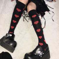 【LZ】▣▽✔  Harajuku Longo Algodão Joelho Meias Streetwear Punk Preto Vermelho Bolinhas Coração Do Amor JK Cosplay Gótico Lolita