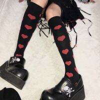 【LZ】✘♦✲  Harajuku Longo Algodão Joelho Meias Streetwear Punk Preto Vermelho Bolinhas Coração Do Amor JK Cosplay Gótico Lolita