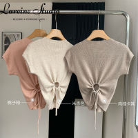 LAREINE เสื้อถักผู้หญิงแขนสั้นสั้น,เสื้อยืดคอกลมเสื้อสวมหัว Atasan Bahan Rajut สั้นฤดูร้อน