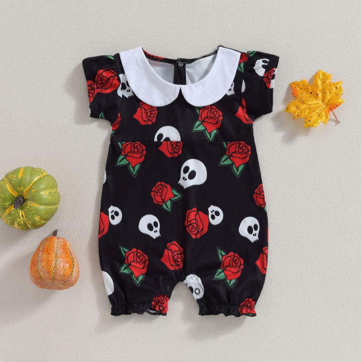 0-18เดือนจั๊มสูทสำหรับเด็กผู้หญิงทารกเสื้อแขนสั้นคอตุ๊กตาดอกไม้กะโหลกรอมเปอร์พิมพ์ลายเสื้อผ้าฮาโลวีน