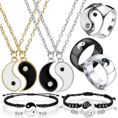 4Pcs Tai Chi Yin Yang Couple Bracelets Pendant Adjustable Braid Bracelet Necklace Matching Lover Rings Necklaces Jewelry Set Adhesives Tape