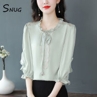 SNUG เสื้อซาตินระดับไฮเอนด์สำหรับผู้หญิงสีทึบใหม่อเนกประสงค์แฟชั่นใหม่เสื้อเชิ้ตตัวเล็กสไตล์ตะวันตกแขนสามส่วนสำหรับฤดูใบไม้ร่วง