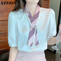 (จัดส่งฟรี)Fancystyle VONDA เสื้อผ้าไหมซาตินลำลองธุรกิจคอวีแขนพองสำหรับผู้หญิงโอแอลที่ทำงาน