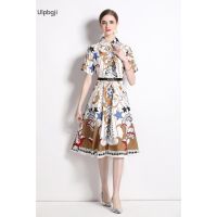 Spring and Summer New Printed Midi Skirt Short-Sleeved Shirt Dress Womens Lady Style Slim Fit Slimming Cardigan Dress