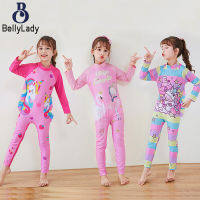 2 Pcs Girls Swimsuit Cartoon Printing Long Sleeve One-piece Swimwear Beach Sunscreen Trousers With Swimming Cap【fast】