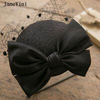 JaneVini Chic Black Satin Bow Bridal Hats Vintage Mesh Veil White Wedding Hat with Hairpins Evening Party tail Headdress