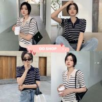 DD SHOPพร้อมส่ง 81018 เสื้อไหมพรมแขนสั้นลายทาง แหวกลึกเท่ๆ