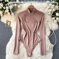 SINGREINY Design Hollow Sexy Rompers Women Turtleneck Long Sleeve Slim Short Jumpsuits Autumn Fashion Korean Bodycon Bodysuit