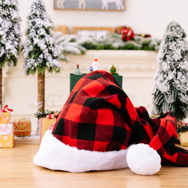 christmas-adults-xmas-hat-red-black-checked-santa-adults-hat-plush-brim-comfortable-soft-for-adults-men-women-children-supplies