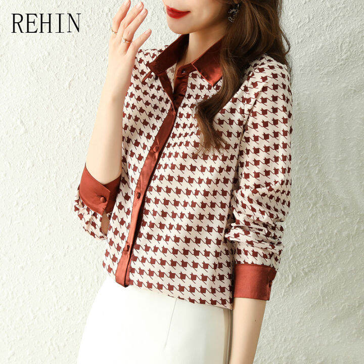 rehin-ของผู้หญิงด้านบนแสงใหม่หรูหราหรูหราหรูหราปกปกชนสีเสื้อแขนยาว-houndstooth-ตรวจสอบพิมพ์เสื้อชีฟองผ้าไหม