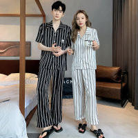 New Couple Pajamas Spring And Summer Ice Snow WomenS Short Sleeve Pants Strop Strip Advanced MenS Home Service